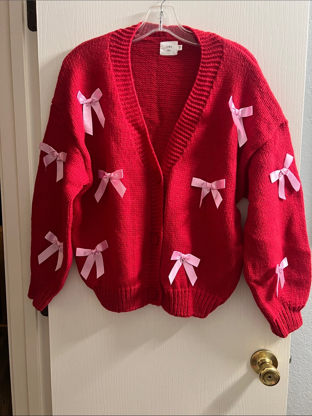 Women's Red Knit Cardigan with Pink Bow Details